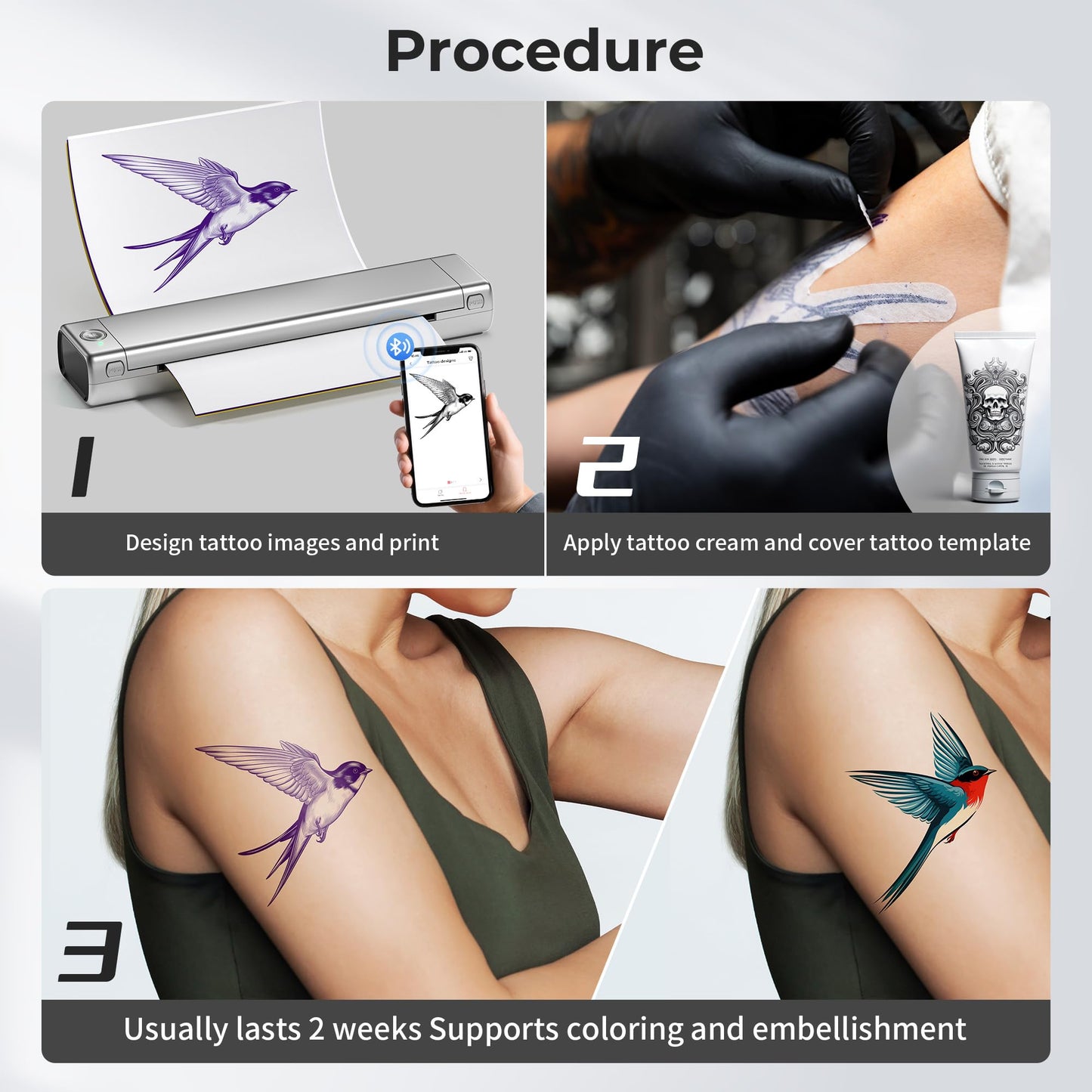 PhoFuta Tattoo Stencil Printer Bluetooth, Stencil Printer for Tattooing, Thermal Printer Tattoo Kit with 10pcs Tattoo Transfer Paper, Tattoo Printer Machine for Skin Compatible with Phone,Tablet & PC