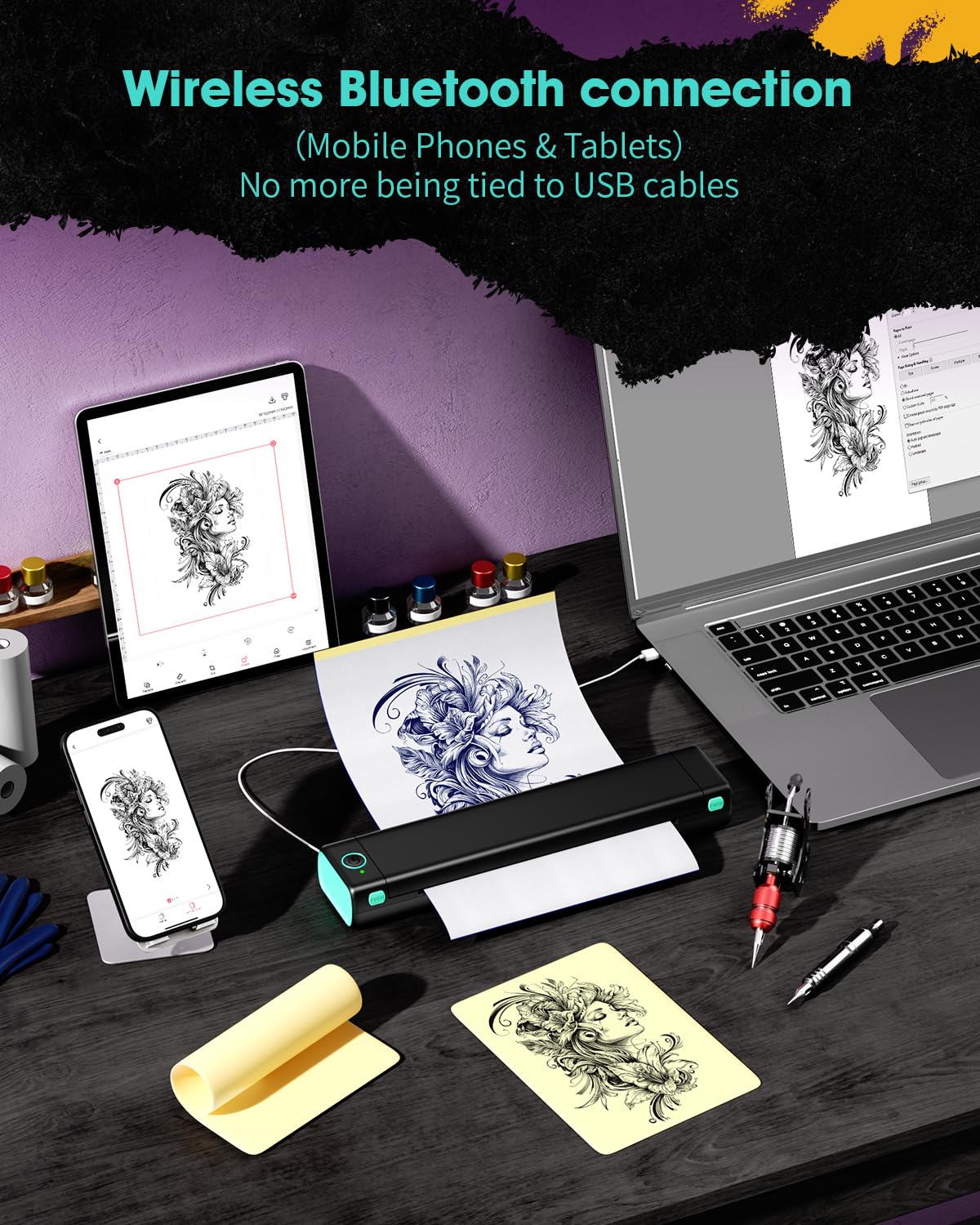PhoFuta M08F Tattoo Stencil Printer Bluetooth, Tattoo Printer Machine for Artists & Beginners, Stencil Printer for Tattooing with 10pcs Tattoo Transfer Paper, Compatible with Phone, iPad & PC