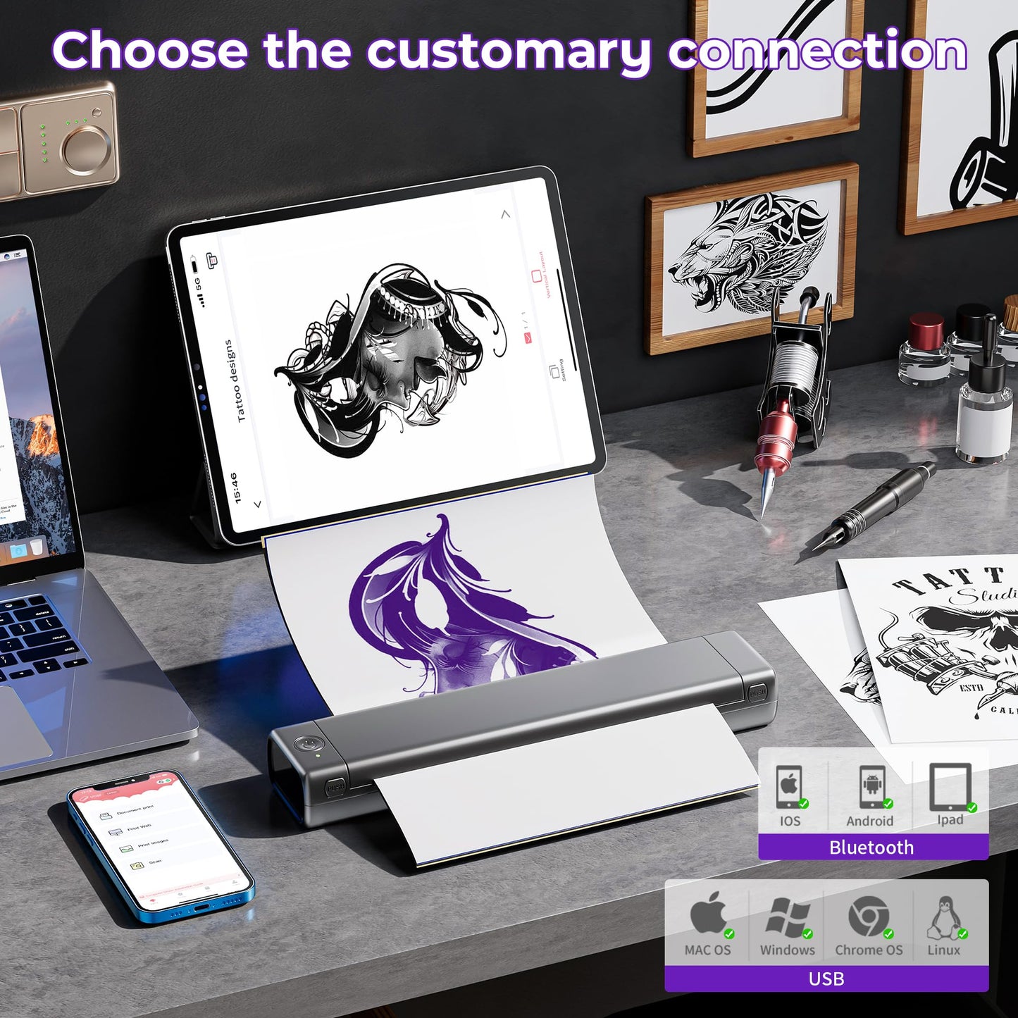 PhoFuta Tattoo Stencil Printer Bluetooth, Stencil Printer for Tattooing, Thermal Printer Tattoo Kit with 10pcs Tattoo Transfer Paper, Tattoo Printer Machine for Skin Compatible with Phone,Tablet & PC