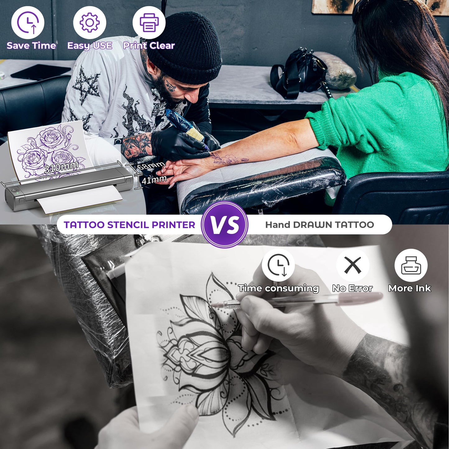 PhoFuta Tattoo Stencil Printer Bluetooth, Stencil Printer for Tattooing, Thermal Printer Tattoo Kit with 10pcs Tattoo Transfer Paper, Tattoo Printer Machine for Skin Compatible with Phone,Tablet & PC