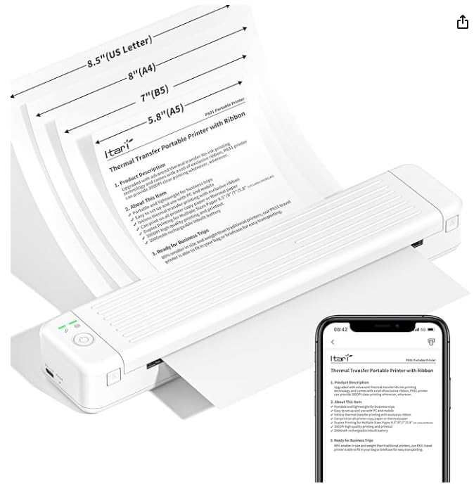 PhoFuta Imprimante Portable A4-300 DPI Mini Imprimante Portable Prise en Charge du Papier Ordinaire De 5.8-8.5'', Imprimante Portable Bluetooth Compatible avec Android et iOS, Blanc