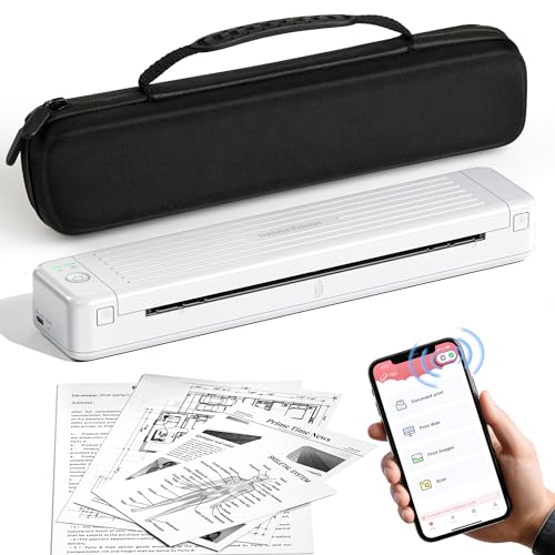 PhoFuta Imprimante Portable A4-300 DPI Mini Imprimante Portable Prise en Charge du Papier Ordinaire, Imprimante Portable Bluetooth Compatible avec Android et iOS, Blanc avec 1 Boîte de Rangement