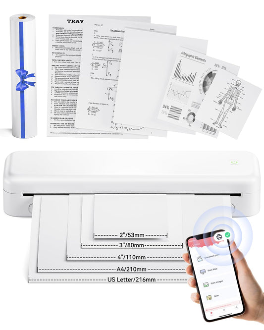 PhoFuta (Mise à Jour Imprimante Portable, Imprimante Thermique a4, Supporte Plusieurs Formats Papier Thermique, Compatible avec iOS, Android, PC, Imprimante sans Encre pour Les Voyages, Les Bureaux