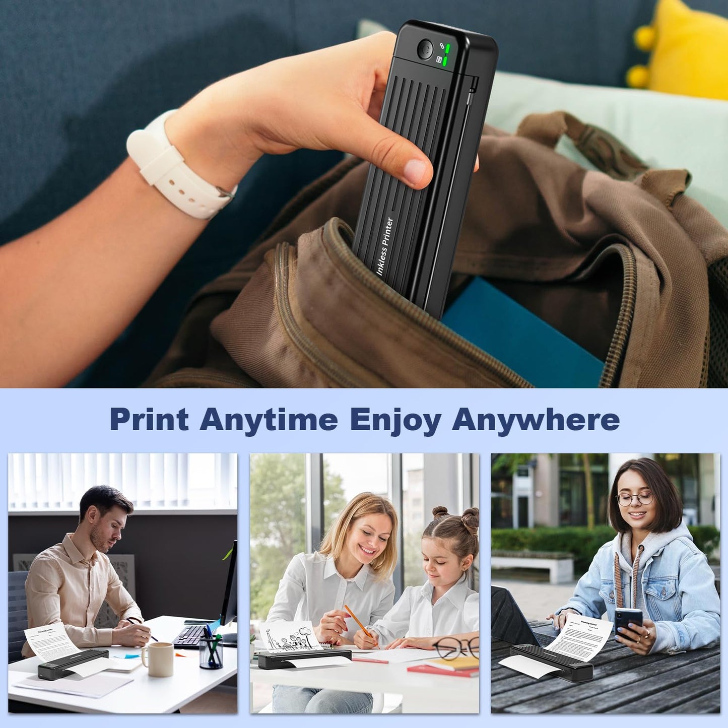 PhoFuta Imprimante Portable 300 DPI - Mini Imprimante Portable Prise en Charge du Papier Ordinaire De 5.8-8.5'', Imprimante Portable A4 Compatible avec iPhone et Android par Bluetooth, Noir