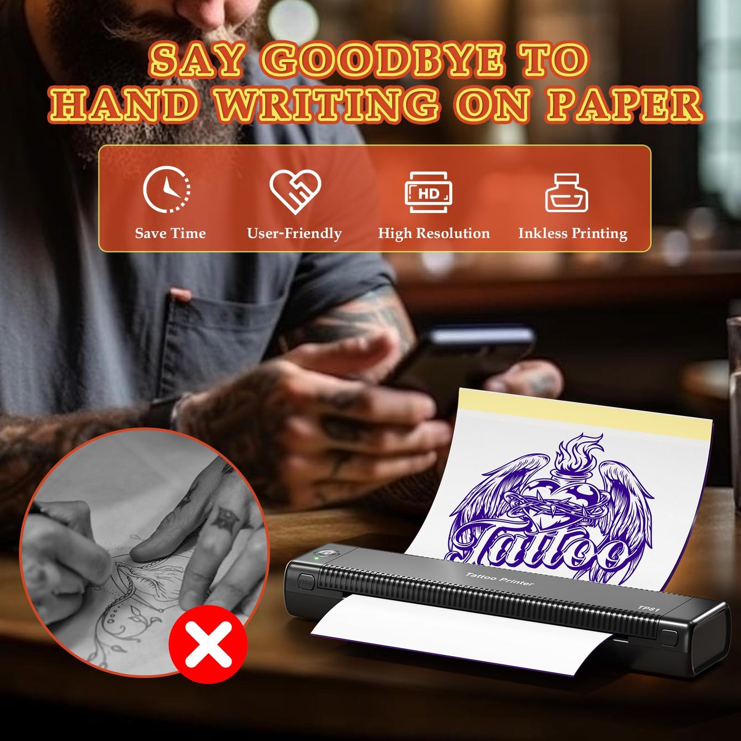 PhoFuta Tattoo Printer, Tattoo Stencil Printer for Tattoo Artists & Beginners, TP81 Stencil Printer with 10pcs Tattoo Transfer Paper, Thermal Tattoo Printer Compatible with Tablet, Phone & PC