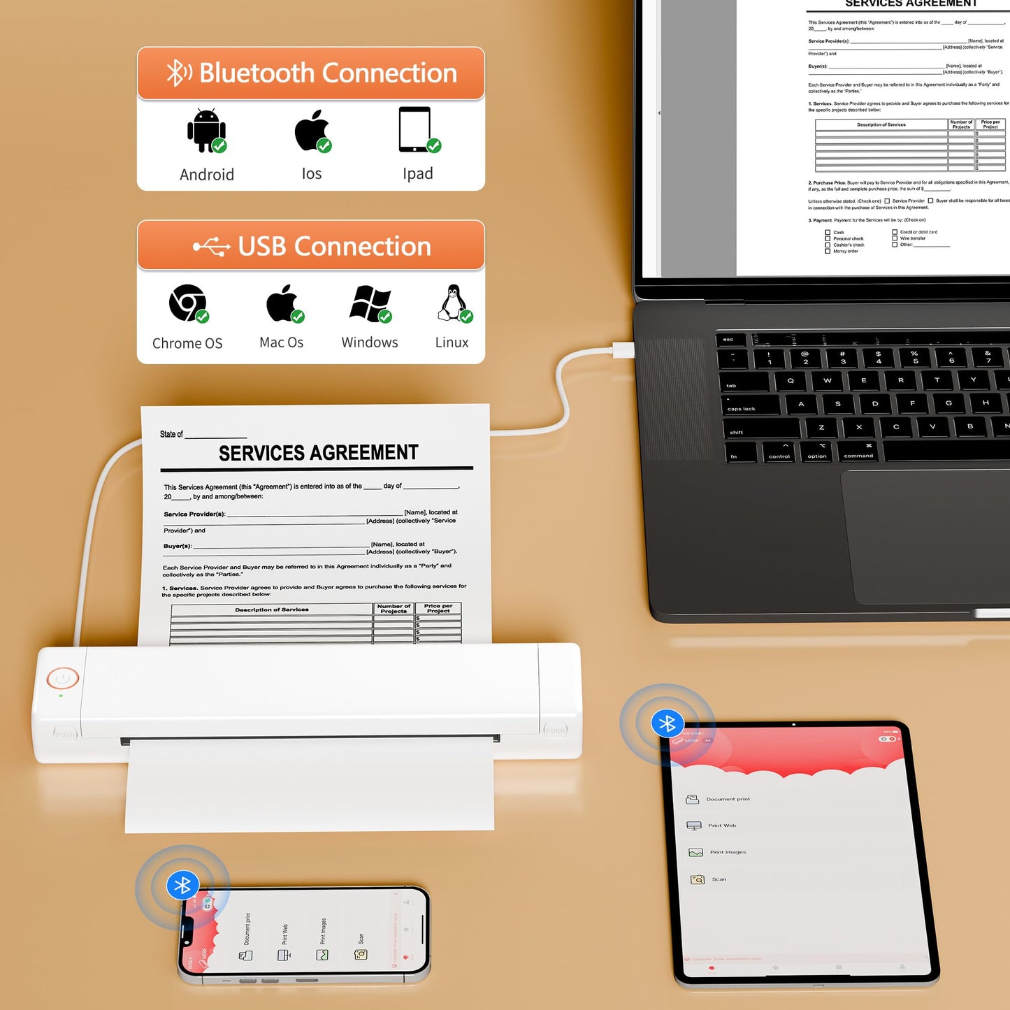 Portable Printers Wireless for Travel, M08F Thermal Inkless Printers for Home use, Support 8.5'' X 11'' US Letter, Compatible with Phone & Laptops, Wireless Thermal Printer for Travel(White)
