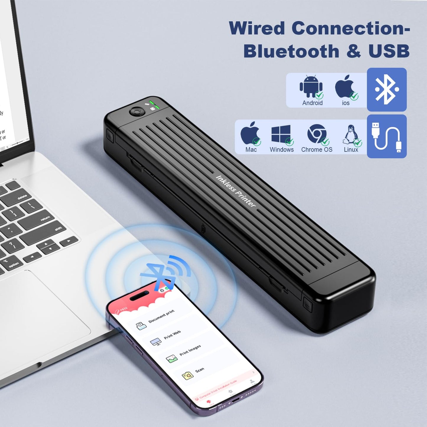 PhoFuta Imprimante Portable 300 DPI - Mini Imprimante Portable Prise en Charge du Papier Ordinaire De 5.8-8.5'', Imprimante Portable A4 Compatible avec iPhone et Android par Bluetooth, Noir