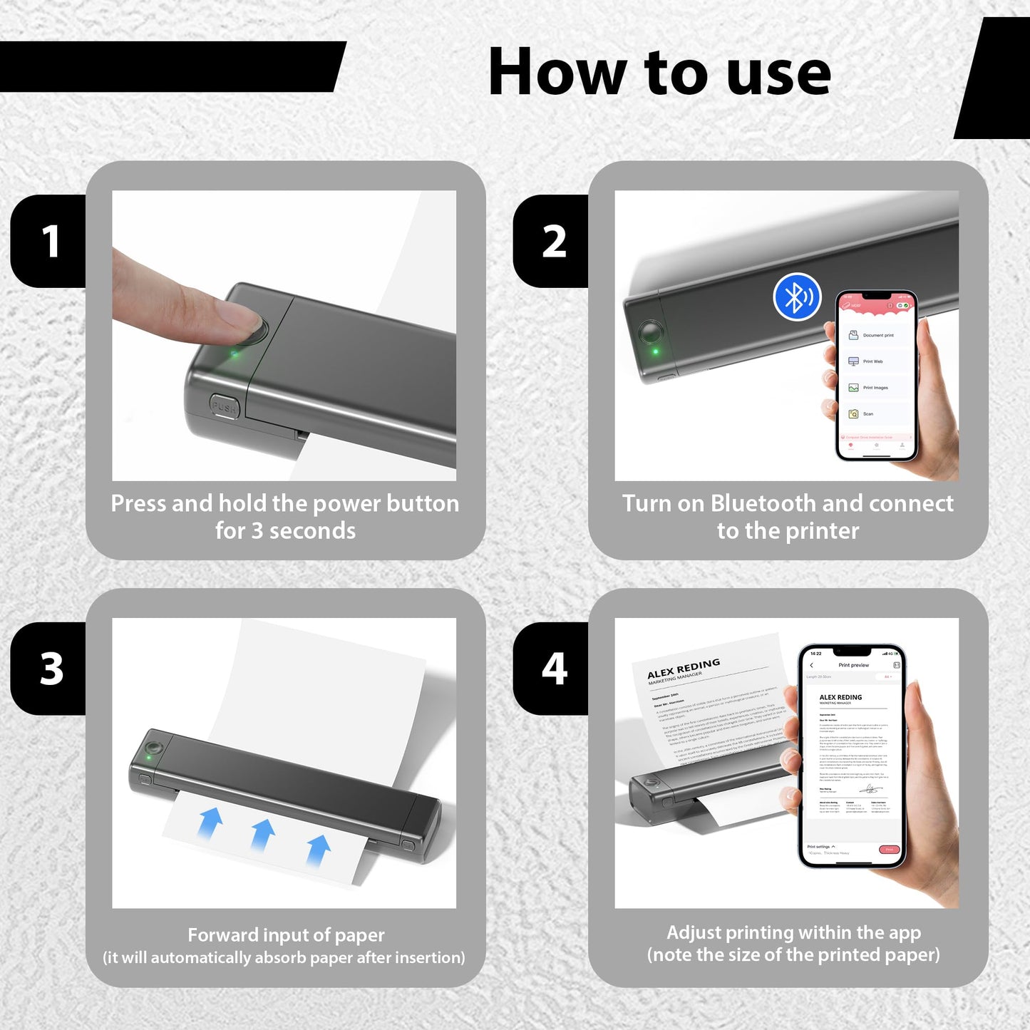 PhoFuta M08F Imprimante Thermique, Toujours avec soi avec Bluetooth, Une Mini imprimante de Voyage avec Papier à Copier Papier A4 sans Encre, Compatible with iOS/Android..