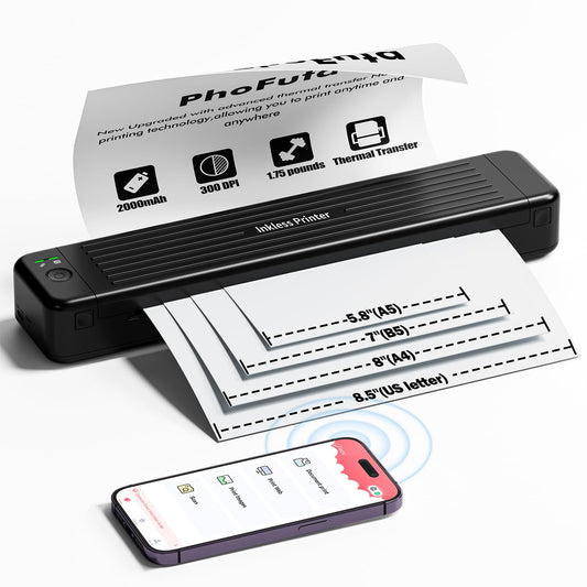 PhoFuta Imprimante Portable 300 DPI - Mini Imprimante Portable Prise en Charge du Papier Ordinaire De 5.8-8.5'', Imprimante Portable A4 Compatible avec iPhone et Android par Bluetooth, Noir