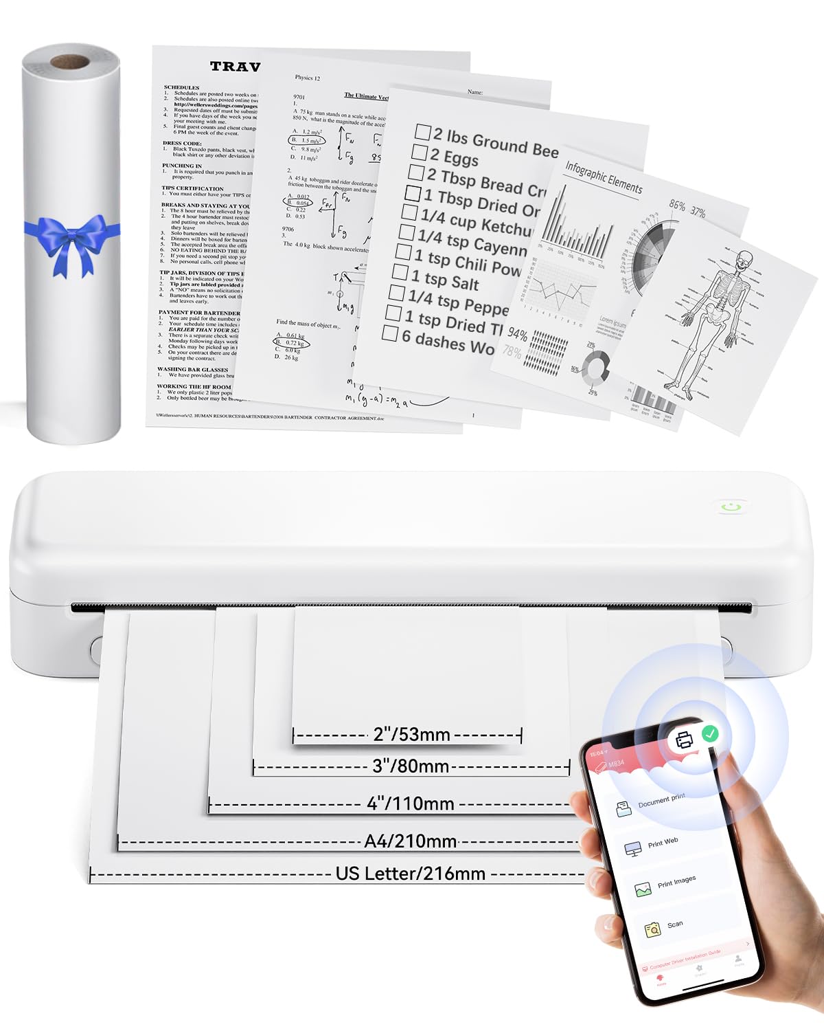 PhoFuta M834 (Upgraded) Inkless Printer, Portable Printer for Phone & Laptops, Thermal Printer a4, Wireless Printer, Bluetooth printer, Mobile Printer, Travel Printer for Invoice Home Office Study
