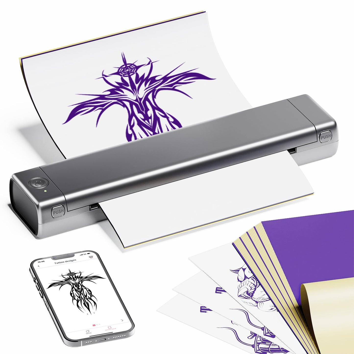 PhoFuta M08F Termocopiadora Tattoo Bluetooth Impresora Tattoo Impresora Tatuajes para Tatuajes DIY, Impresora Portátil Maquina Tatuar, Compatible con Smartphone y PC, con 10 Unidades A4 Papel Tatuaje..