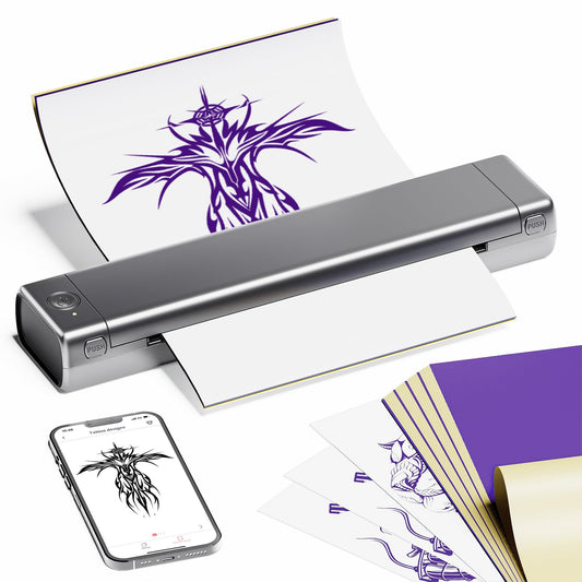 PhoFuta M08F Termocopiadora Tattoo Bluetooth Impresora Tattoo Impresora Tatuajes para Tatuajes DIY, Impresora Portátil Maquina Tatuar, Compatible con Smartphone y PC, con 10 Unidades A4 Papel Tatuaje..