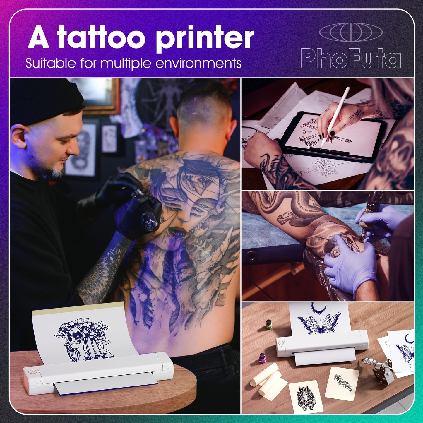 PhoFuta M08F Tattoo Stencil Printer, Tattoo Printer, Thermal Printer Tattoo Kit for Artists & Beginners, Stencil Printer for Tattooing with 10pcs Transfer Paper, Compatible with Smartphone & Tablet