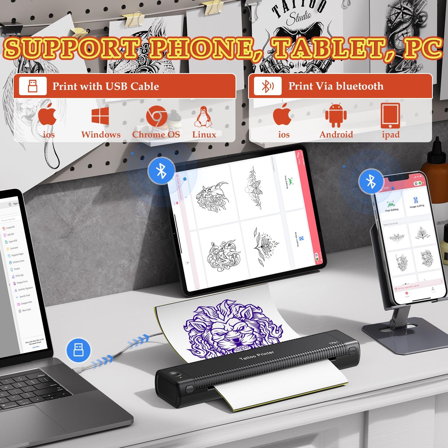 PhoFuta TP81 Tattoo Printer, Tattoo Stencil Printer for Tattoo Artists & Beginners, Stencil Printer with 10pcs Transfer Paper, Thermal Tattoo Printer Compatible with Tablet, Phone & PC, Black