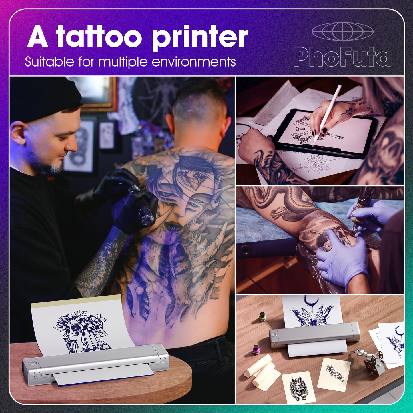 PhoFuta M08F Termocopiadora Tattoo Bluetooth Impresora Tattoo Impresora Tatuajes para Tatuajes DIY, Impresora Portátil Maquina Tatuar, Compatible con Smartphone y PC, con 10 Unidades A4 Papel Tatuaje..