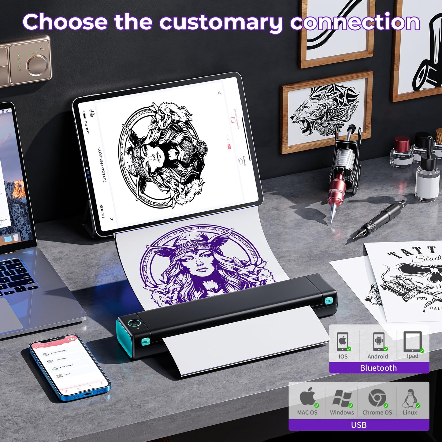 PhoFuta タトゥープリンター tattoo printer タトゥーマシン モバイルプリンターBluetooth接続対応 モバイルプリンター 転写シート10枚付きサーマルプリンター タトゥーマシン セット 刺青コピー機 シールプリンターアダプターAndroid IOS 電話 タブレット BKG
