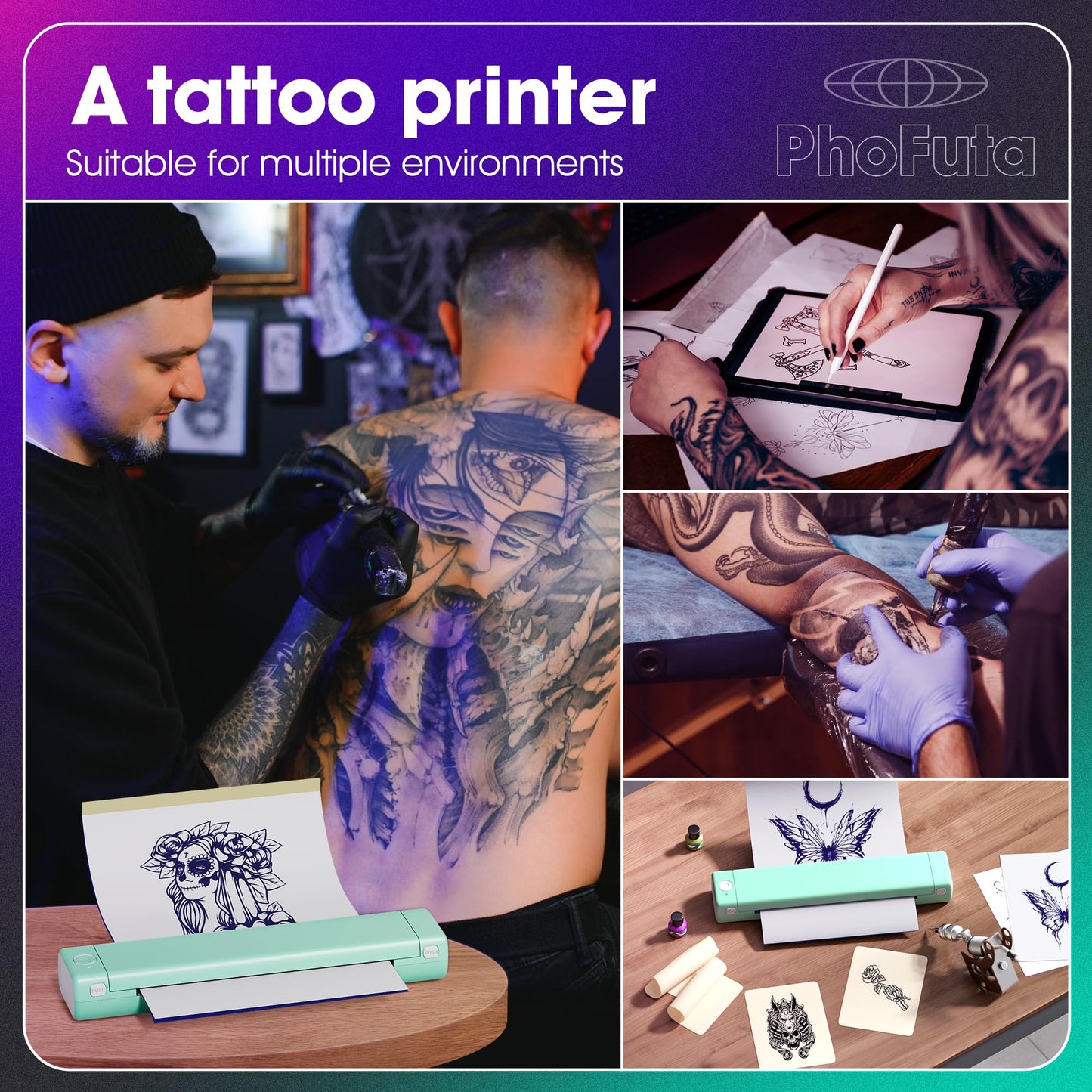 PhoFuta M08F Termocopiadora Tattoo Bluetooth Impresora Tattoo Impresora Tatuajes para Tatuajes DIY, Impresora Portátil Maquina Tatuar, Compatible con Smartphone y PC, con 10 Unidades A4 Papel Tatuaje