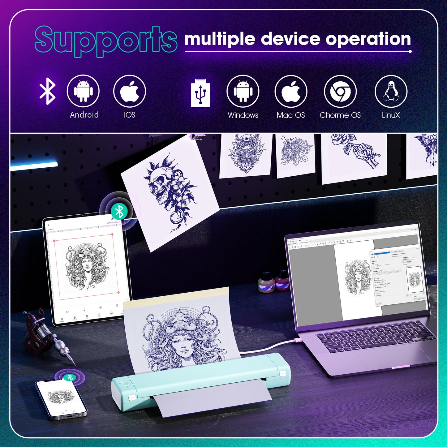 PhoFuta M08F Termocopiadora Tattoo Bluetooth Impresora Tattoo Impresora Tatuajes para Tatuajes DIY, Impresora Portátil Maquina Tatuar, Compatible con Smartphone y PC, con 10 Unidades A4 Papel Tatuaje