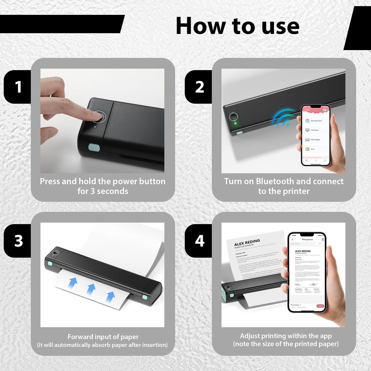 PhoFuta M08F Imprimante Thermique, Toujours avec soi avec Bluetooth, Une Mini imprimante de Voyage avec Papier à Copier Papier A4 sans Encre, Compatible with iOS/Android