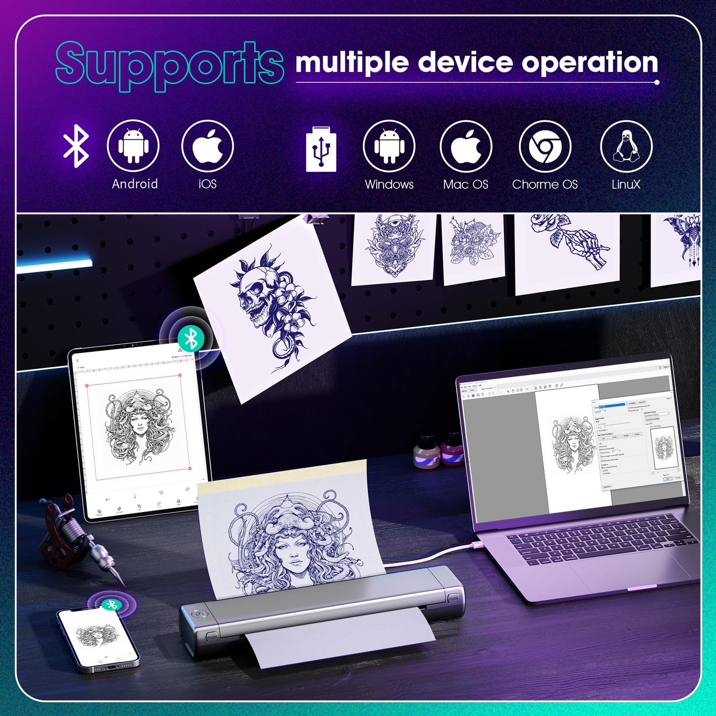 PhoFuta M08F Tattoo Printer, Tattoo Stencil Printer, Stencil Printer for Tattooing, Thermal Printer Tattoo Kit with 10pcs Transfer Paper, Tattoo Machine Printer, Compatible with Tablets Devices Gray