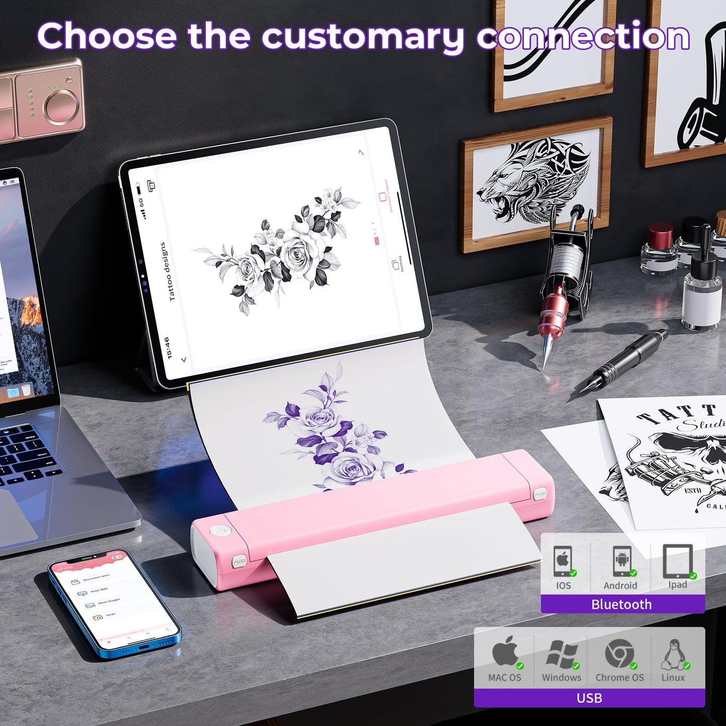 M08F Tattoo Stencil Printer, Tattoo Printer Machine for Artists & Beginners, Stencil Printer for Tattooing with 10pcs Transfer Paper, Compatible with Smartphone, Computers and Tablet Creations Pink