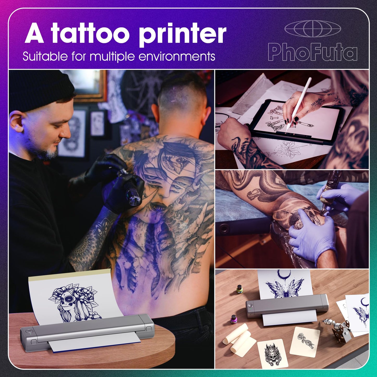 PhoFuta M08F Termocopiadora Tattoo Bluetooth Impresora Tattoo Impresora Tatuajes para Tatuajes DIY, Impresora Portátil Maquina Tatuar, Compatible con Smartphone y PC, con 10 Unidades A4 Papel Tatuaje.
