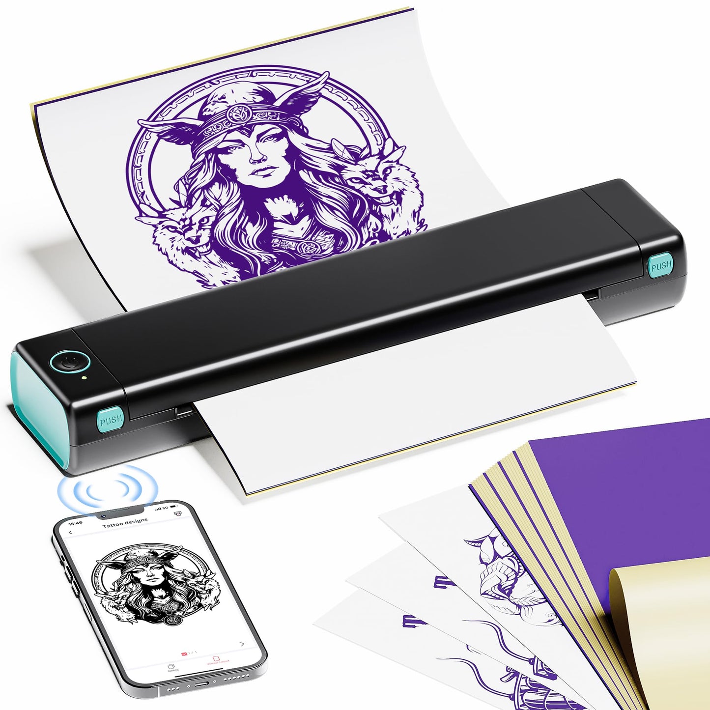 PhoFuta タトゥープリンター tattoo printer タトゥーマシン モバイルプリンターBluetooth接続対応 モバイルプリンター 転写シート10枚付きサーマルプリンター タトゥーマシン セット 刺青コピー機 シールプリンターアダプターAndroid IOS 電話 タブレット BKG