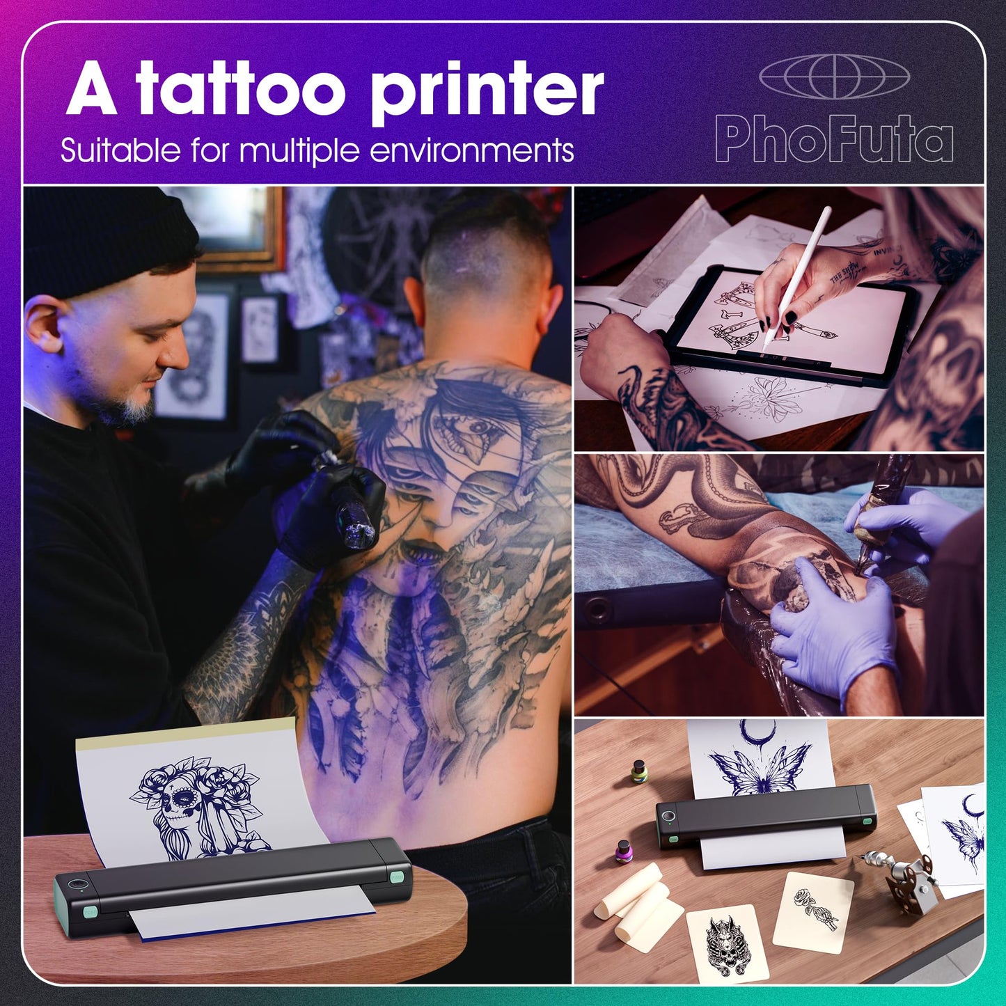 PhoFuta M08F Tattoo Printer, Tattoo Stencil Printer, Stencil Printer for Tattooing, Thermal Printer Tattoo Kit with 10pcs Transfer Paper, Tattoo Machine Printer, Compatible with Tablets Devices PC