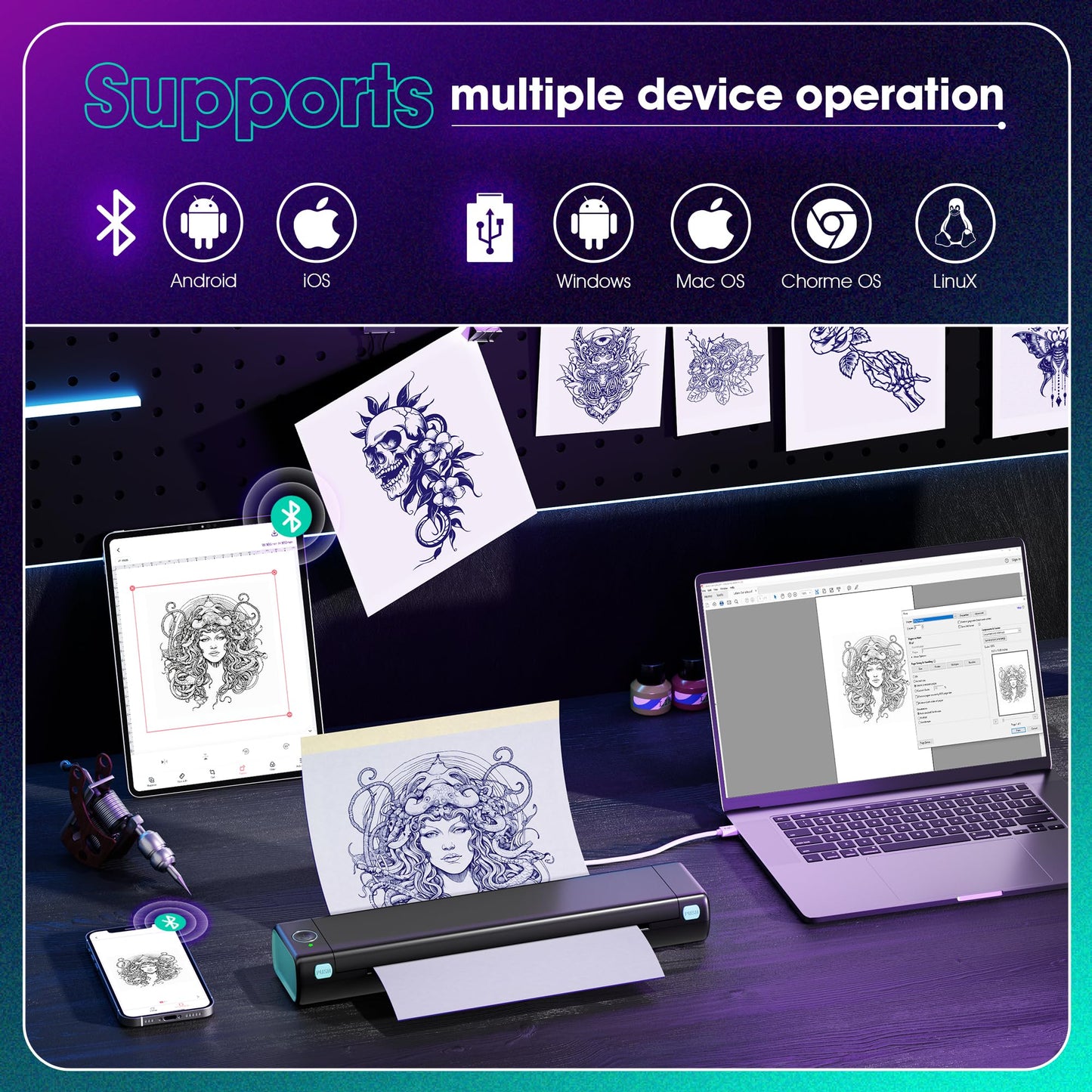 PhoFuta M08F Tattoo Printer, Tattoo Stencil Printer, Stencil Printer for Tattooing, Thermal Printer Tattoo Kit with 10pcs Transfer Paper, Tattoo Machine Printer, Compatible with Tablets Devices PC