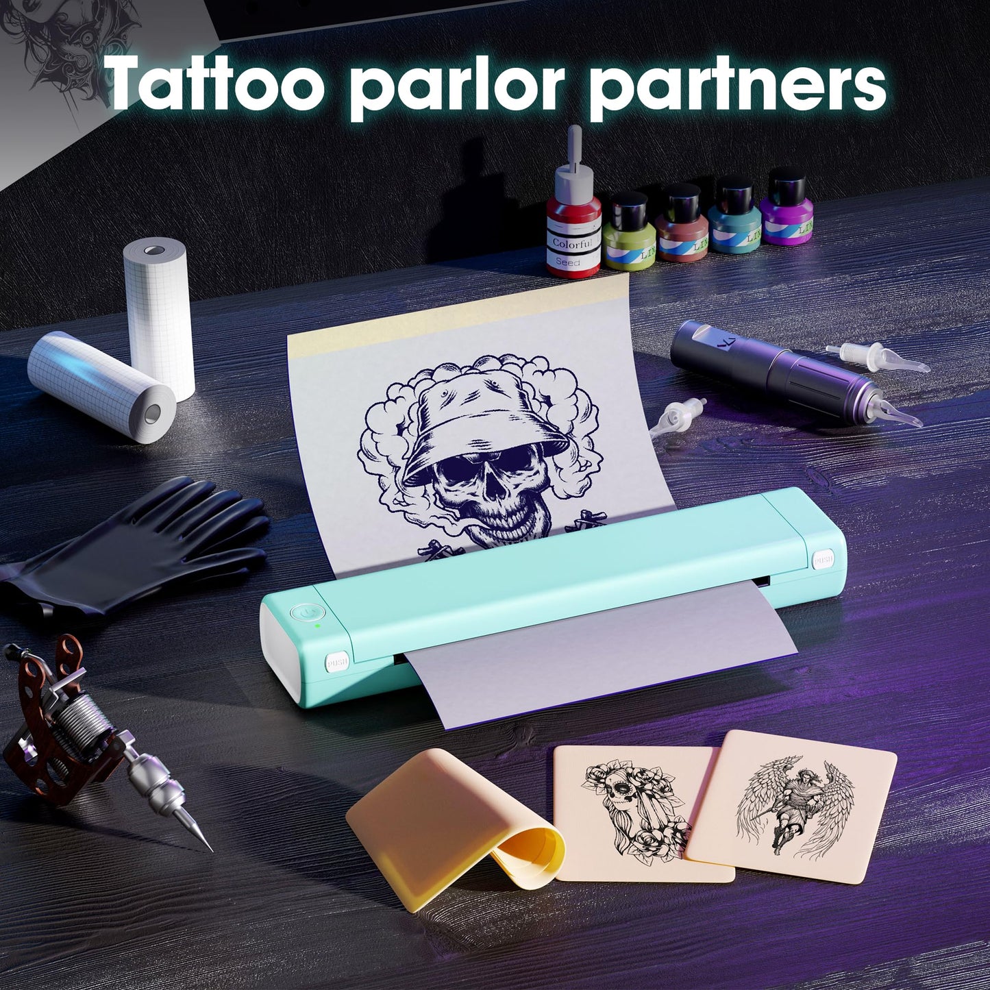 PhoFuta M08F Termocopiadora Tattoo Bluetooth Impresora Tattoo Impresora Tatuajes para Tatuajes DIY, Impresora Portátil Maquina Tatuar, Compatible con Smartphone y PC, con 10 Unidades A4 Papel Tatuaje
