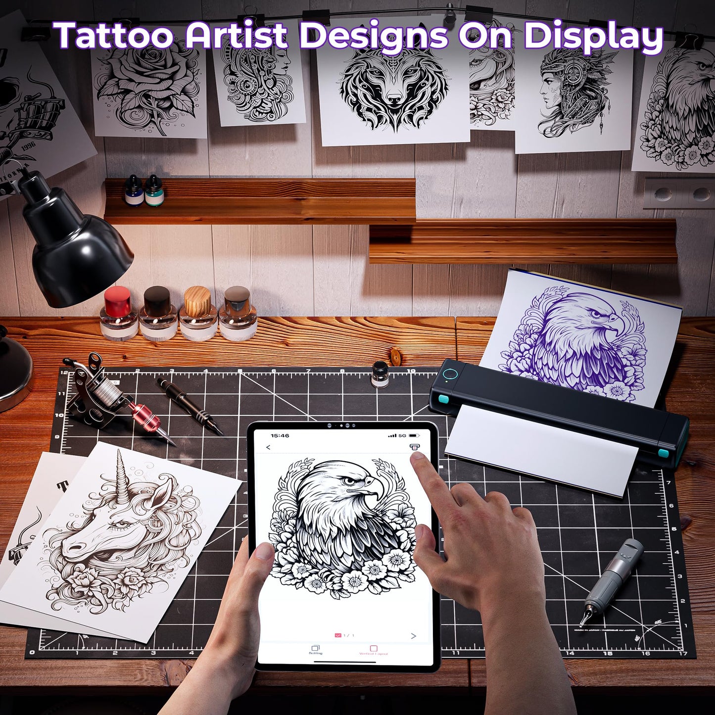 PhoFuta タトゥープリンター tattoo printer タトゥーマシン モバイルプリンターBluetooth接続対応 モバイルプリンター 転写シート10枚付きサーマルプリンター タトゥーマシン セット 刺青コピー機 シールプリンターアダプターAndroid IOS 電話 タブレット BKG